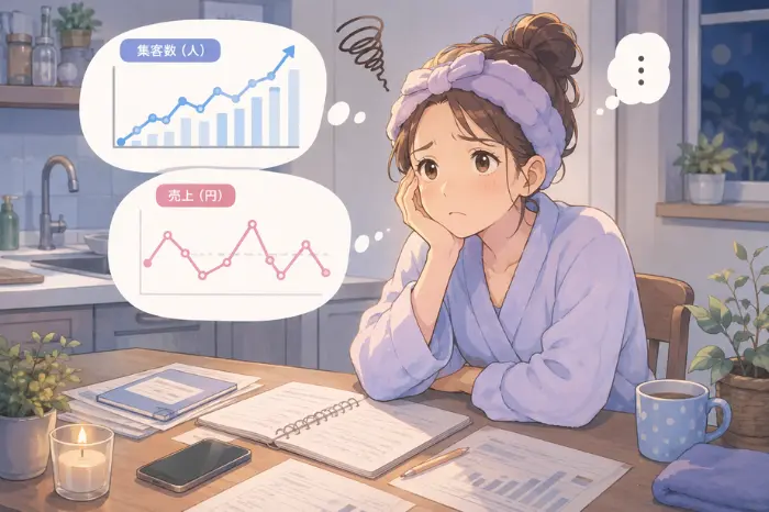 個人サロンで集客が増えても売上が安定しない時に、リピートや来店周期を確認する大切さを伝える画像