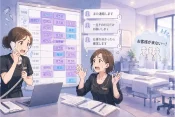 サロンオーナーとスタッフが仮予約ばかりで来店が確定せず、予約表を見ながら困っている様子の画像