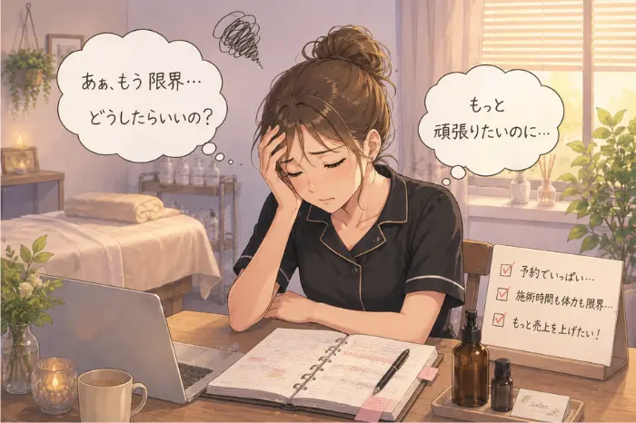 個人サロンの売上に限界を感じる理由と、予約数だけに頼る経営が施術時間や体力の負担につながる背景を解説する画像