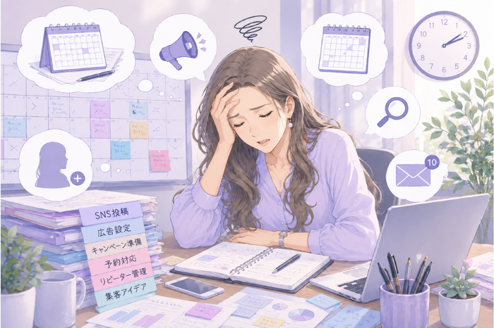 個人サロンでリピートが続かないことで、売上が頭打ちになり毎月新規予約に頼りやすくなる状態を伝える画像