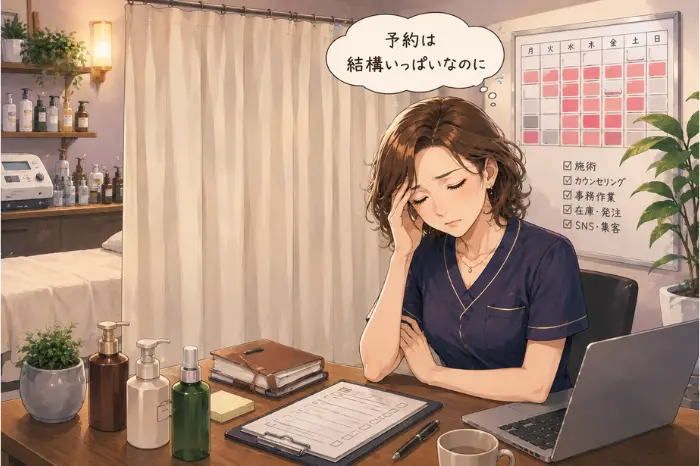 個人サロンで客単価が低いまま忙しくなると、売上頭打ちの前に体力面の負担が増えることを伝える画像