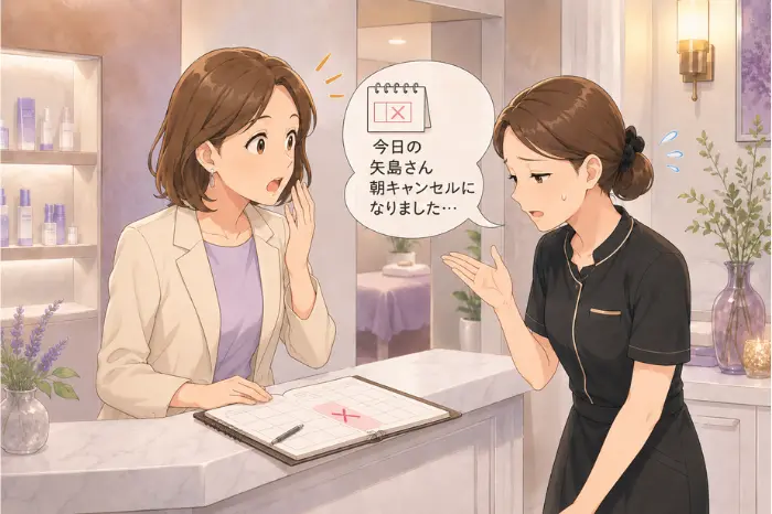 サロンで当日キャンセルが続く状況に不安を感じながらも、原因を冷静に整理して確認ポイントを見直しているサロンオーナーの画像
