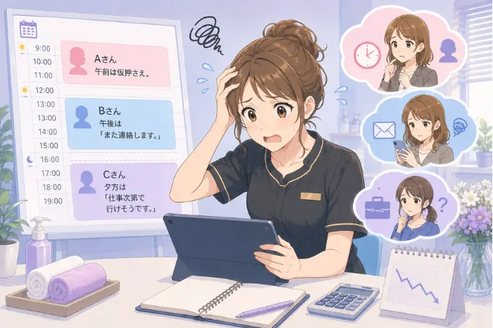 サロンの仮予約が増えて予定が確定しにくくなり、予約確定との違いを整理する大切さを伝える画像