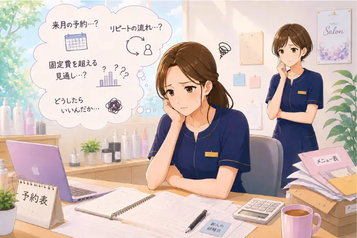 個人サロンの売上の波に不安を感じた時に、予約状況やリピートの流れを確認する大切さを伝える画像