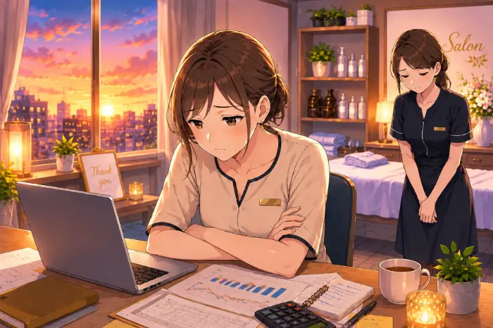 個人サロンでリピートが続かず売上が頭打ちになる時に、新規のお客様は来店していても来月以降の売上の見通しが残りにくい状態を解説する画像