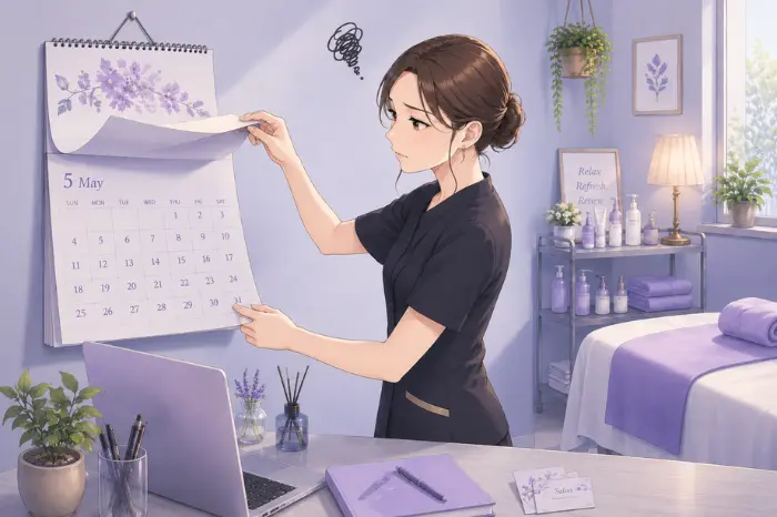 個人サロンでリピートが続かないことで、今月は忙しくても売上が頭打ちになりやすく、今後の経営を見直す大切さを伝える画像