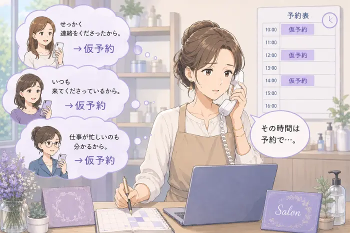 サロンの仮予約対応が増えた時に、予約基準を整理して予約確定の流れを見直す大切さを伝える画像