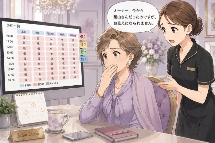 LINEで日時だけ先に押さえる流れにより、予約相談と予約確定が混在して管理が複雑になる様子を伝える画像