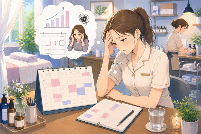 個人サロンで予約数を増やそうとして、休む時間や次回準備の時間まで削ってしまう限界を伝える画像