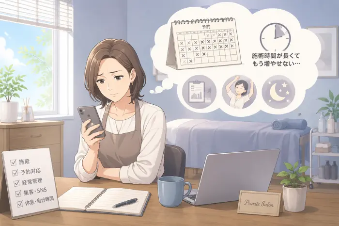 個人サロンの売上が限界に近づいた時に、予約数を増やすほど経営や休息の時間が削られる様子を伝える画像