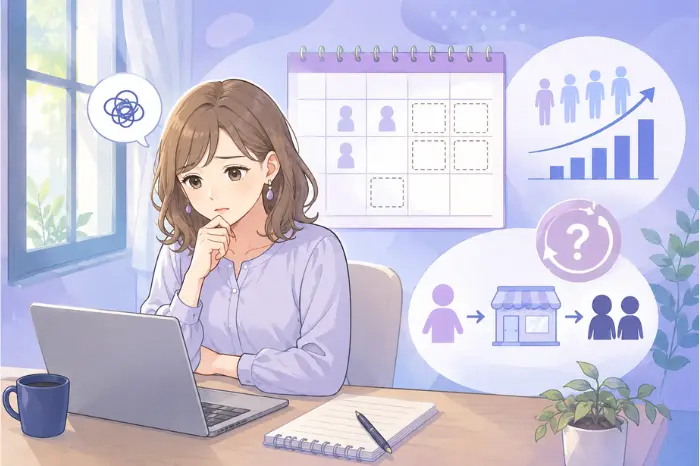 個人サロンで集客が増えても売上が不安定な時に、SNSや広告を増やす前に流れを確認する大切さを伝える画像