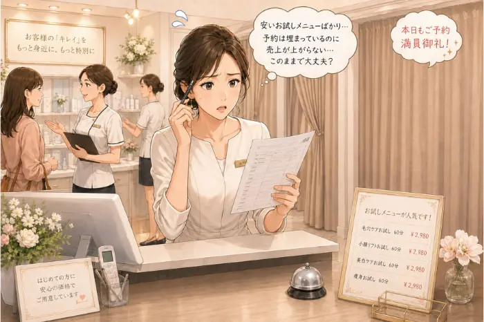 個人サロンの客単価や売上が伸び悩む時に、安いメニューが利益につながっているかを見直す大切さを伝える画像