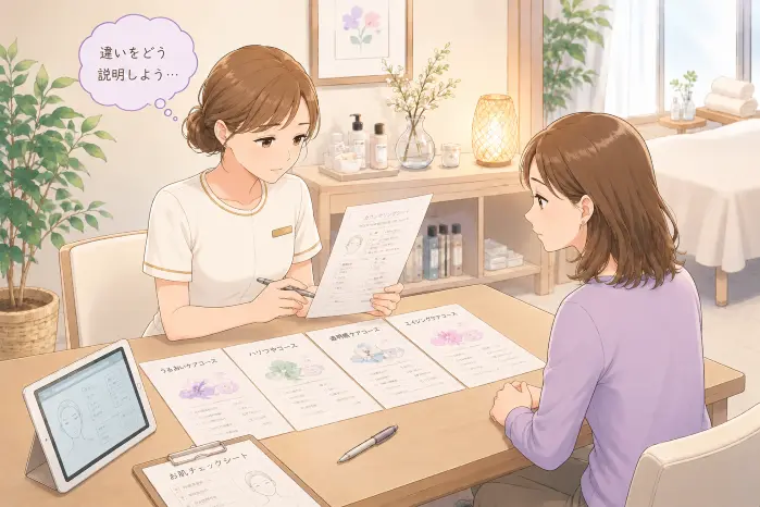 個人サロンのメニューを見直す際に、数だけでなく施術ごとの違いや提案基準まで確認する大切さを伝える画像