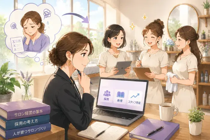 サロンの採用で失敗を防ぐために、人を見る目だけでなく採用や教育、スタッフ育成を経営知識として見直す重要性を伝える画像