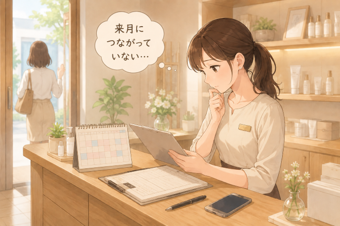 個人サロンでリピートを安定させるために、今月の予約数だけでなく次回来店の目的や翌月の予約状況を確認する重要性を伝える画像