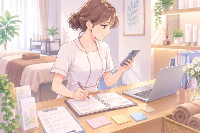 個人サロンをひとりで経営し、施術や予約対応、経理など多くの役割を担って限界を感じやすい状況を表す画像