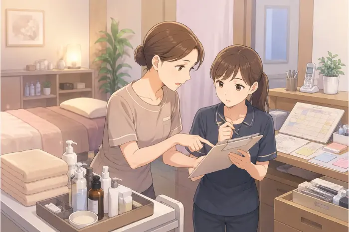 サロンスタッフへの教育で同じ説明や確認を繰り返しても自分の業務が減らず負担が続く状況を伝える画像