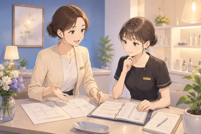 サロンでスタッフが定着しない時に、採用条件だけでなく接客の考え方や育成基準の共有を見直す大切さを伝える画像