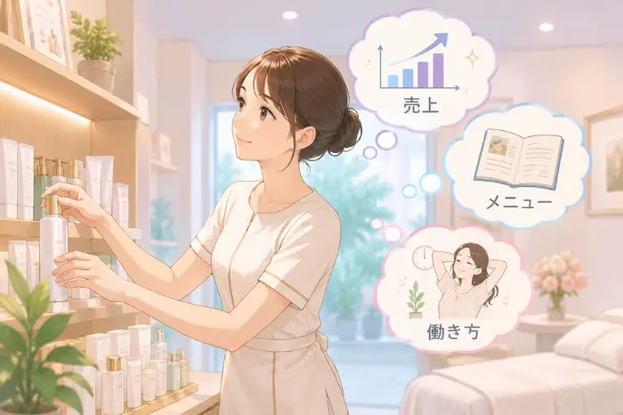 個人サロンで経営を見直す際に、これまでの努力を大切にしながら残すことと変えることを整理して考える時間であることを伝える画像
