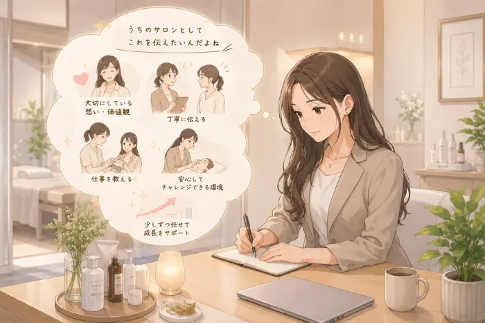 サロンの採用をスタッフ育成まで含めて考え、仕事を教えながら安心して働ける環境を整える大切さを伝える画像