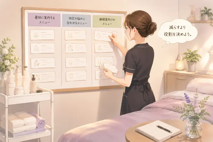 個人サロンのメニューを見直す際に、数を減らす前に施術ごとの役割を整理して確認する大切さを伝える画像
