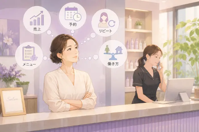個人サロンで経営を見直す際に、売上や予約、リピート改善の前に不安の原因を整理する大切さを伝える画像