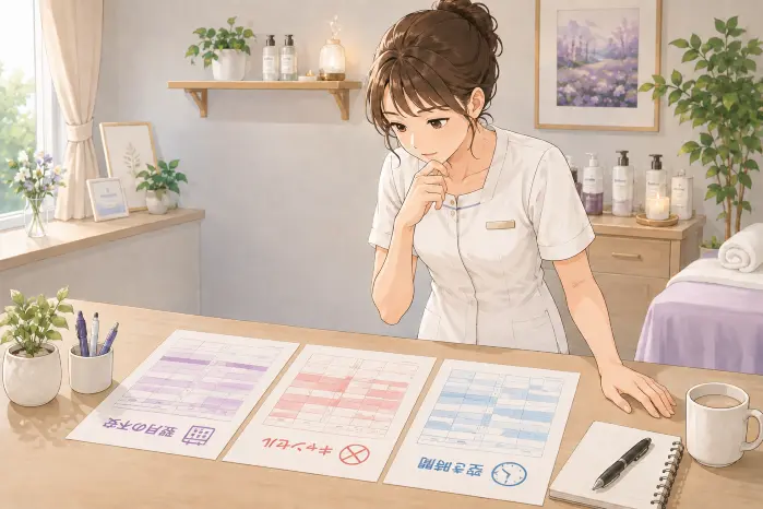 個人サロンの女性が施術ベッド横で予約表を見ながらタオルやワゴンの準備時間を確認している画像