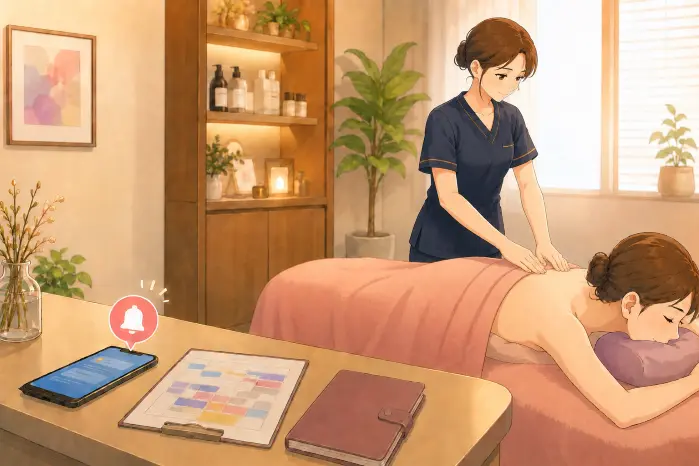 施術中に目の前のお客様へ対応する女性エステティシャンと、カウンターに通知のあるスマホとカルテが並ぶ個人サロンでの一場面の画像