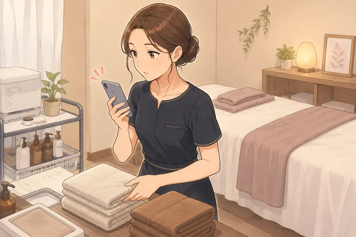 片付け中にLINE通知を見て返信してしまい作業が中断されるサロンオーナーの画像