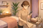 施術後に片付けをしながらスマホの通知を確認している女性サロンオーナーの画像