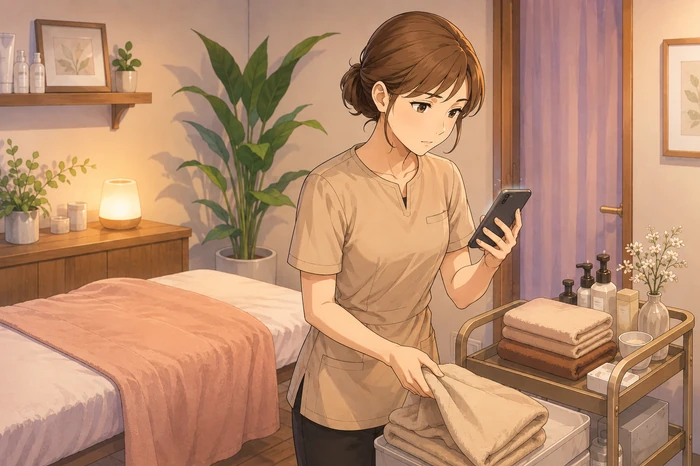施術後に片付けをしながらスマホの通知を確認している女性サロンオーナーの画像