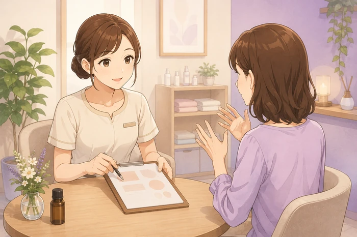 現在の悩みだけで終わらせず『どんな状態が望みか』を掘り下げている個人サロンの女性オーナーと顧客のやり取り画像