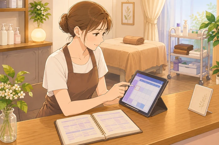 個人サロンの女性オーナーがタブレットでキャンセルで空いた予約枠を確認している画像