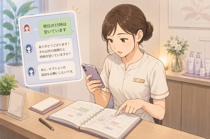 予約時間のやり取りで追加の希望が来てすぐに予約表を確認するサロンオーナーの画像