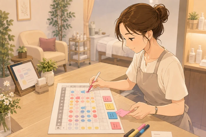 予約管理表に色付きのマーク(新規と再来)を付け、来店後の再来状況を確認している女性オーナーの画像