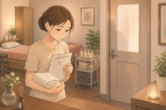 施術後に見送りながら『また気になったら来てください』と送るが心中で伝えそびれを悔やむ個人サロンの女性オーナーの場面を描いた画像