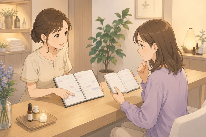受付で紙の手帳を開いて日程だけを確認されるお客様と予約帳を持つオーナーのやり取りを示す画像