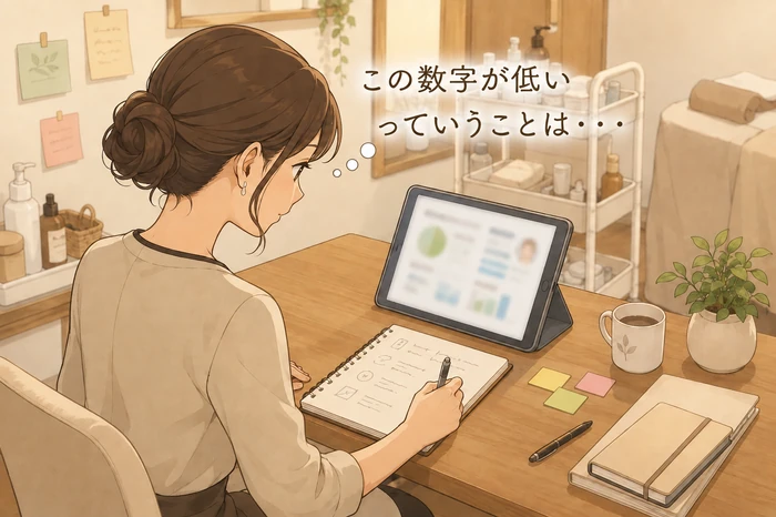 サロン内でタブレットの動画を見てメモを取り、経営の学びを取り入れる個人サロンオーナーの画像