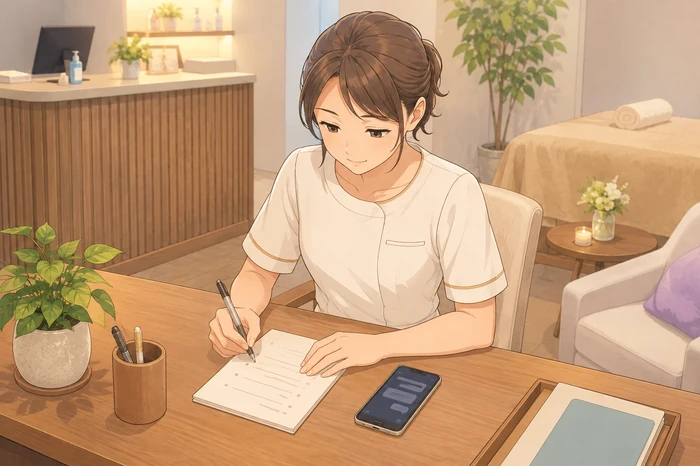 スマホを伏せて紙に返信内容の要点を書き出しているサロンオーナーの画像