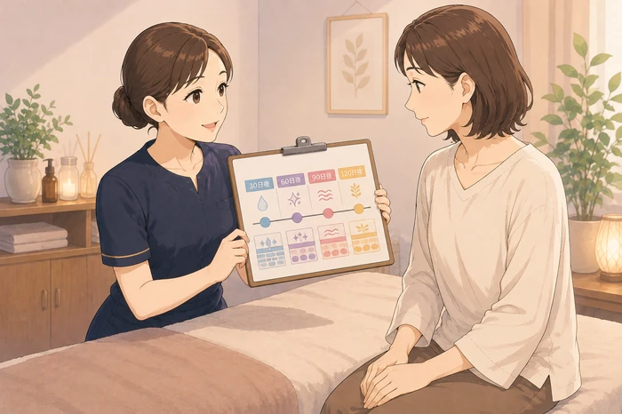 施術室で施術の効果の持続と次回来店の目安を示す簡単な図を指す女性エステティシャンの説明画像