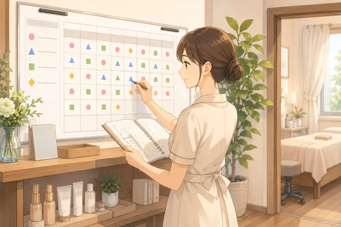 個人サロンのリピート率が安定しない時に、予約表や顧客記録を確認して来店段階や集計期間の違いを把握する重要性を伝える画像