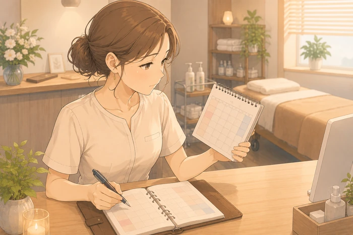 個人サロンの女性オーナーが手帳に新しい予約を書き込みながら別の空白日を気にしている画像