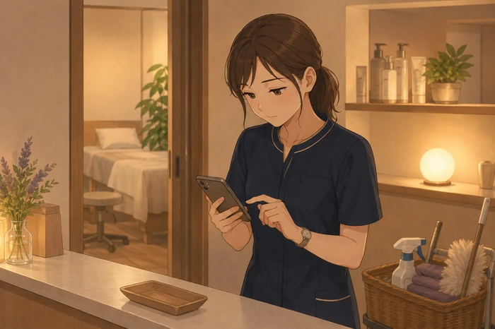 閉店後に片付けを終えたあと、カウンターでスマホを手に取りメッセージへ短く返信しようとしている女性オーナーの画像