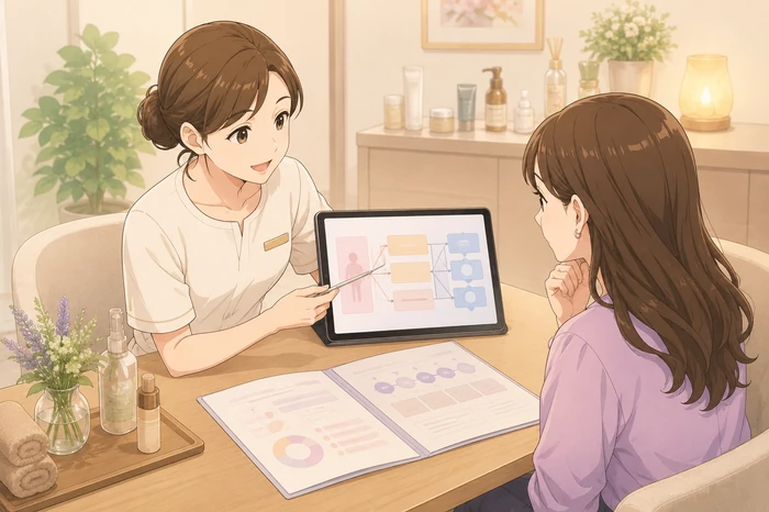 コース内容を説明するだけでなく、そのコースがなぜその人に必要かを図で示しながら伝える個人サロンのオーナー画像