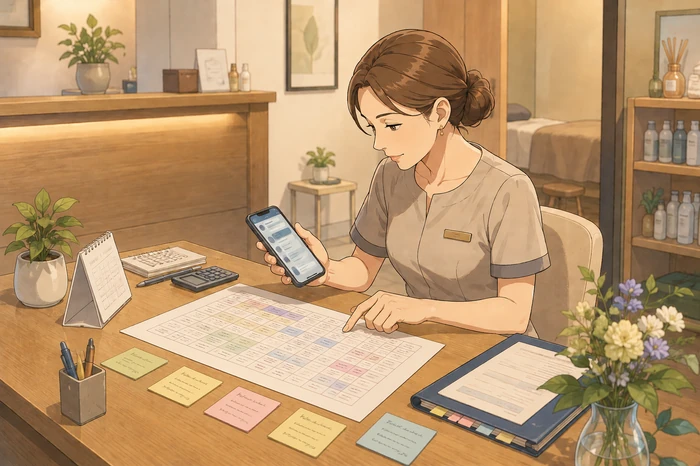 予約変更や来店前相談など、返信以外の対応も含めて施術時間外に資料とスマホで確認している女性オーナーの画像