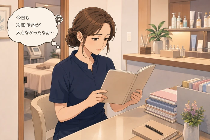 受付の予約帳を開いて空き枠を確認する女性サロンオーナーの仕事後の振り返りを描いた画像