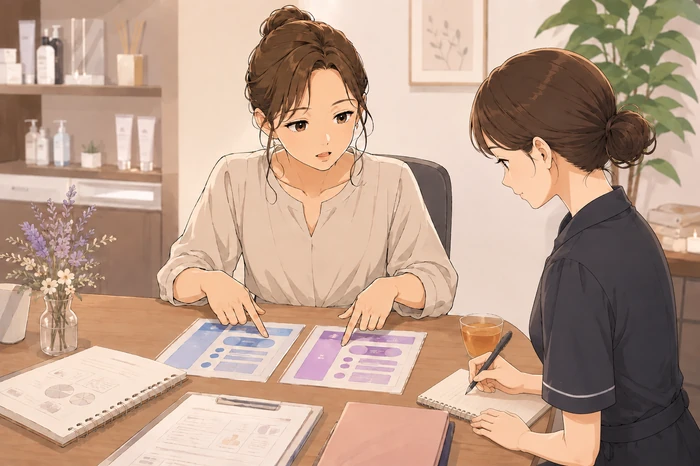 テーブルで都度払いとコースの二つのカードを並べ、どちらも継続に直結しないことを確認する女性サロンオーナーの画像
