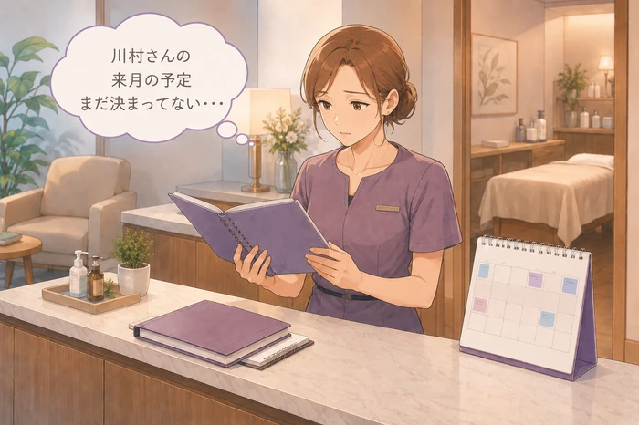 受付カウンターで今月の予約表は埋まっているが、隣に置かれた翌月のカレンダーがほとんど空白な様子を見比べる女性サロンオーナーと未読の予約帳が置かれたサロン内の場面の画像