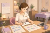 個人サロンのオーナーが売上表と予約表を並べて比較し、改善点を整理している温かみのあるアニメ調イラスト画像