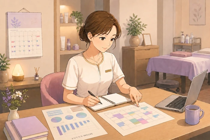 個人サロンのオーナーが売上表と予約表を並べて比較し、改善点を整理している温かみのあるアニメ調イラスト画像